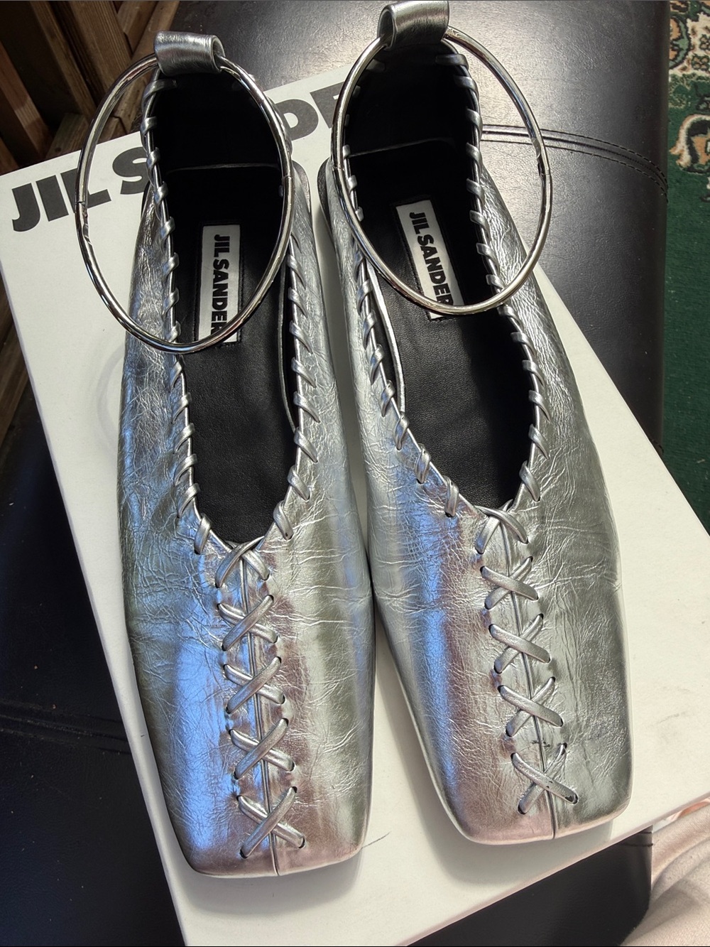 Jil Sander Metallic Silver Leather Ballerina Flats with Ankle Hoop